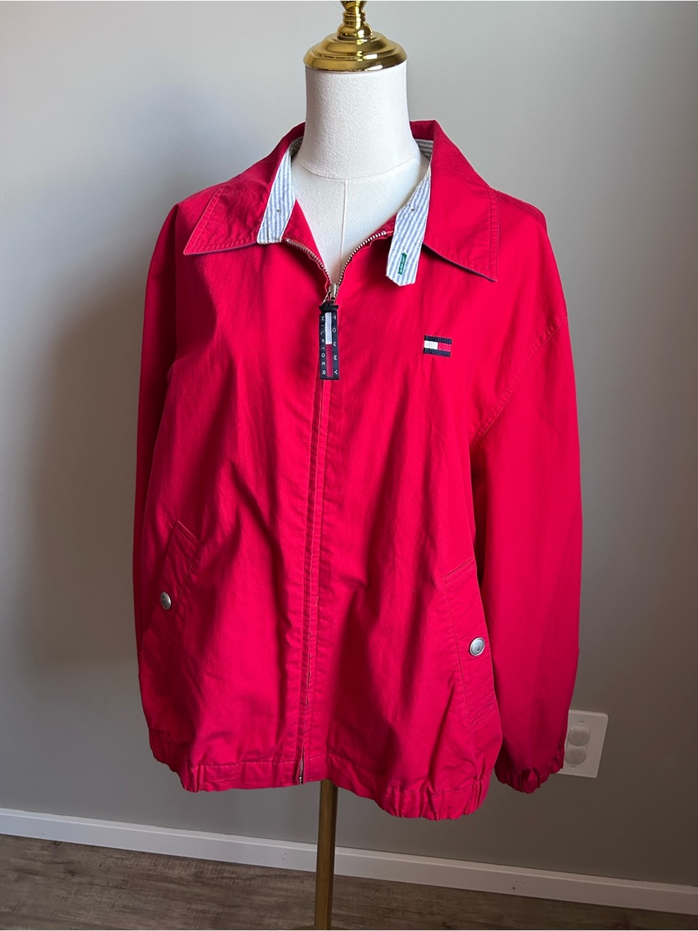 Vintage 1990’s Tommy Hilfiger Bright Red Zip-Up Harrington Bomber Jacket classic